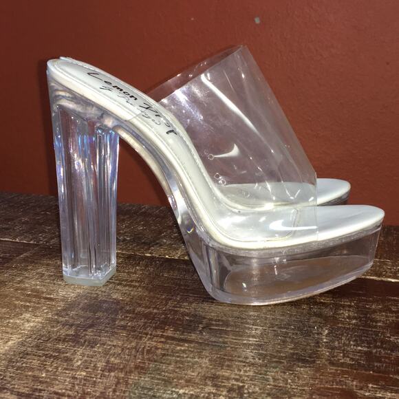 Privileged Lemon Drop Clear Vinyl Heels Womens 9 Dancer Platform Stripper Shoes - Picture 1 of 8